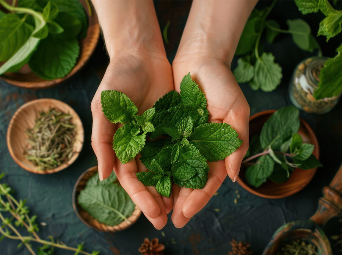 balzám, balzámové listy na rukou 