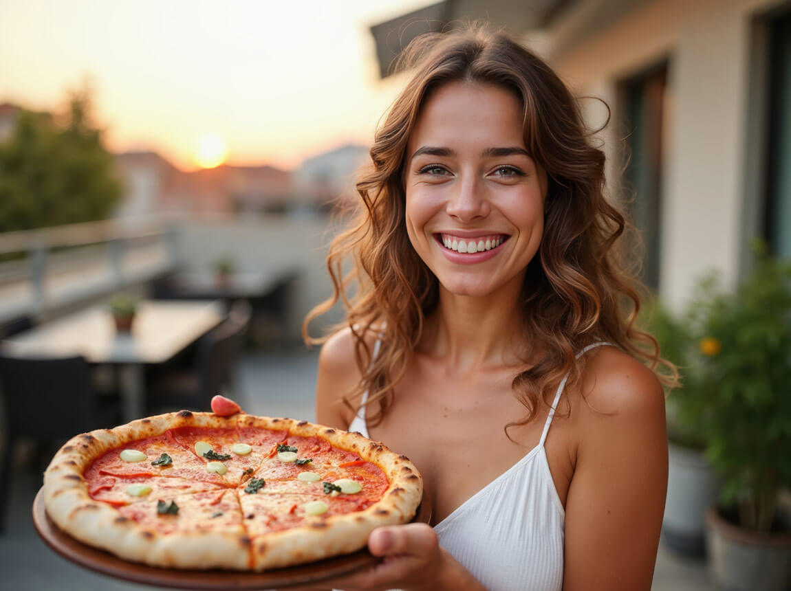 žena s pizzou